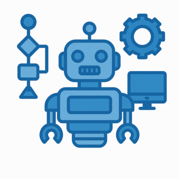 Robot y símbolos tecnológicos en azul