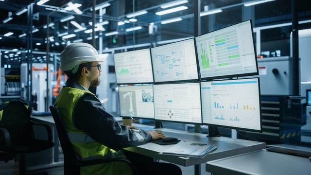 Técnico de planta ante una pared de pantallas de control