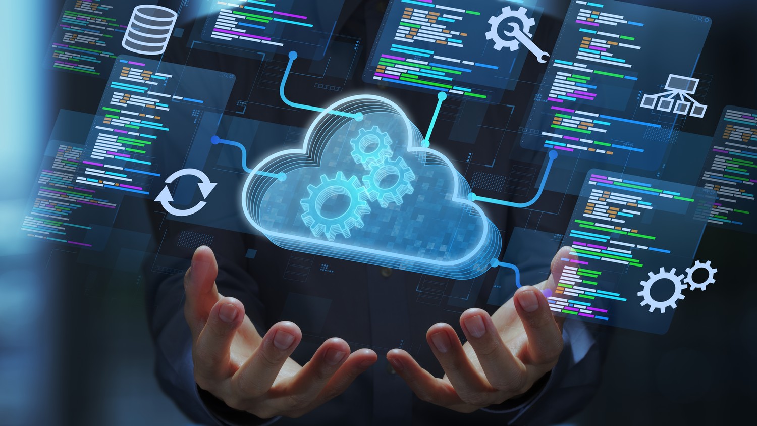 Cloud with gears and code panels above a programmer's hands