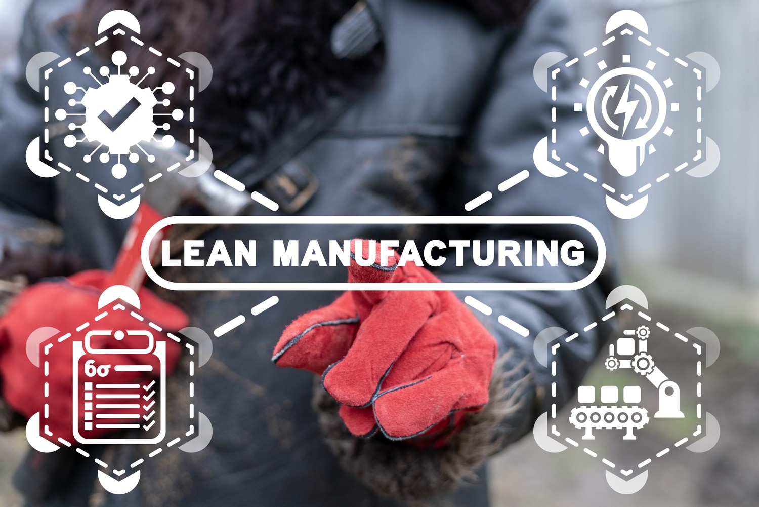 Manos con guantes de trabajo entre iconos de Lean Manufacturing