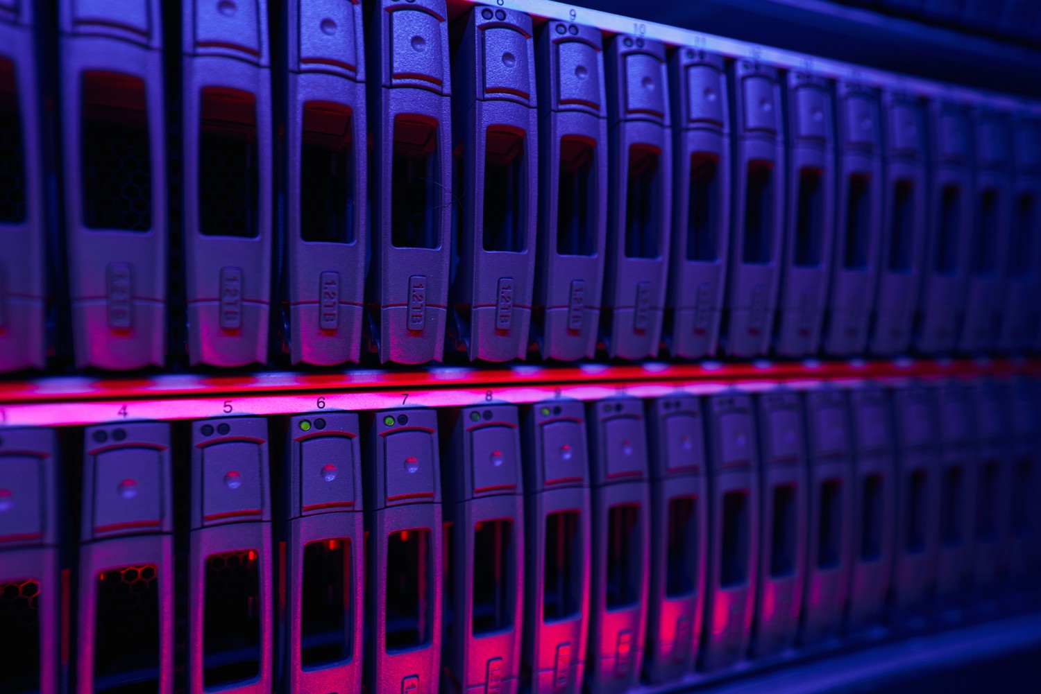 Filas de discos en una cabina de almacenamiento