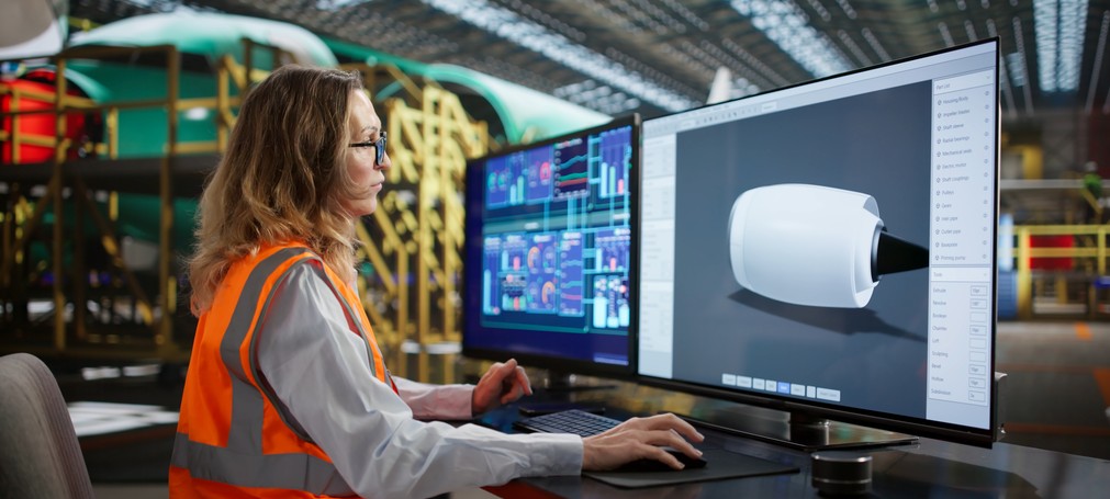 Ingeniera trabajando con modelos CAD en varios monitores