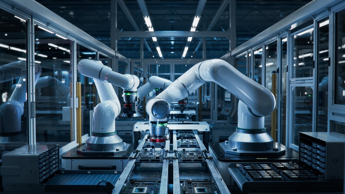 Brazos robóticos en una línea de montaje industrial