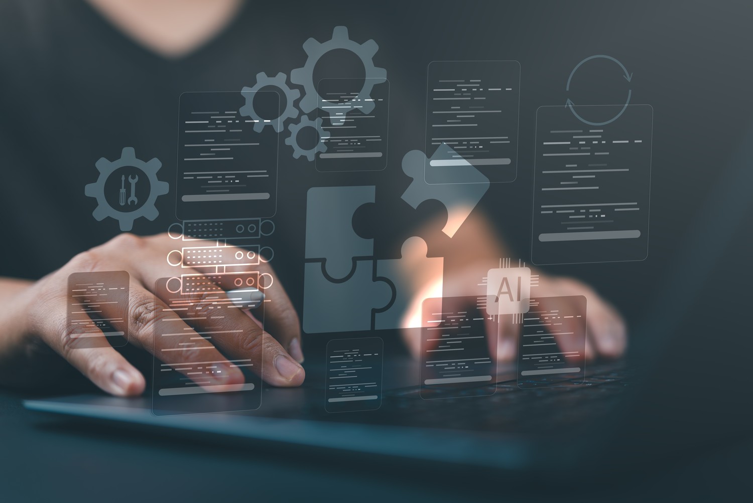 Manos en un teclado con iconos de desarrollo low-code